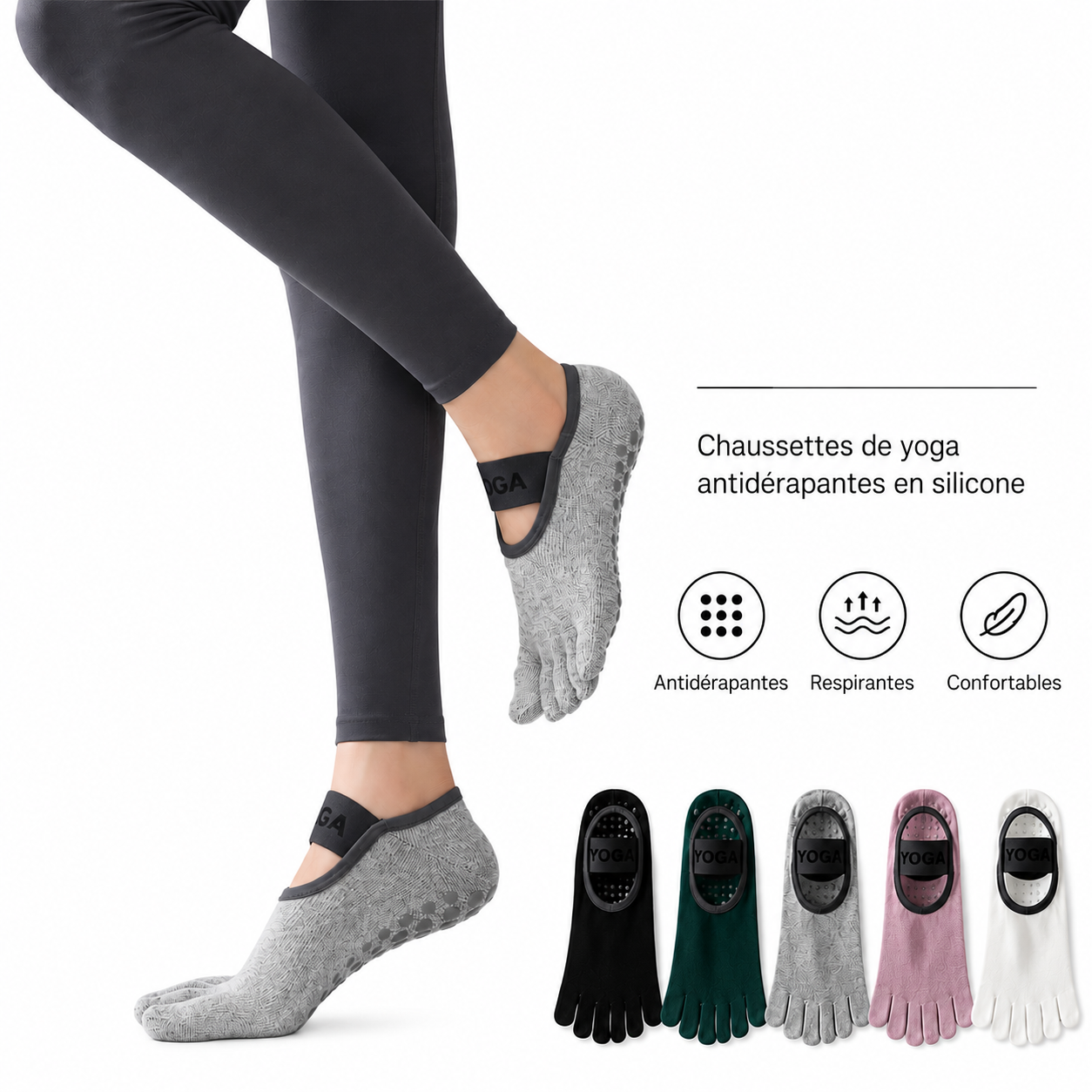 Chaussettes GripFlex™ | 5 doigts antidérapantes yoga, fitness & danse